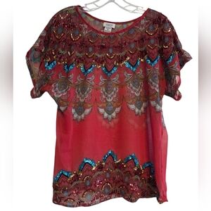 Charming Charlie Red and Blue Embellished Sheer Blouse Size Medium